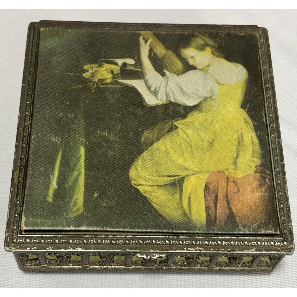 Vintage Schmid Bros Silk Top Music Jewelry Box "Lute Player" Works Japan